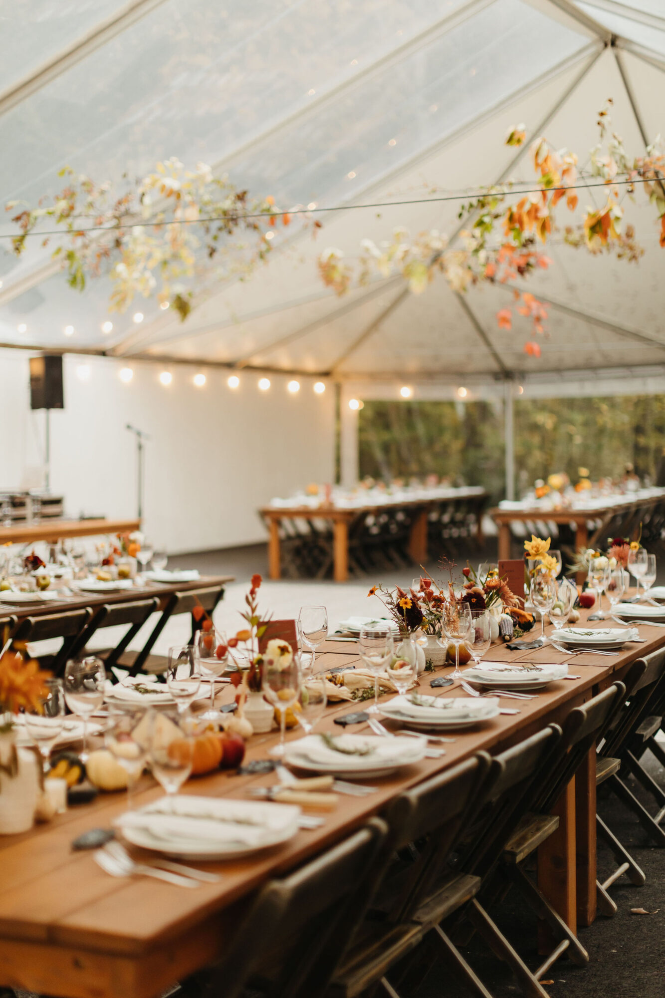 foxfire mountain house, catskill mountains, wedding, fall, clear tent, fall florals