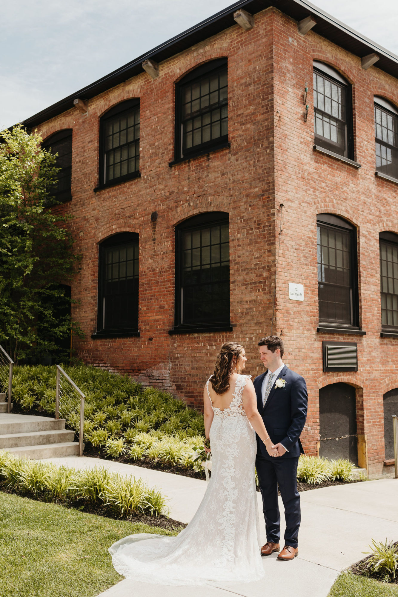 dusty blue wedding, romantic wedding decor, Industrial wedding, the roundhouse, hudson valley photographer, wedding inspiration, wedding photographer, hudson valley wedding, dusty blue bridesmaid dress, couples portraits 