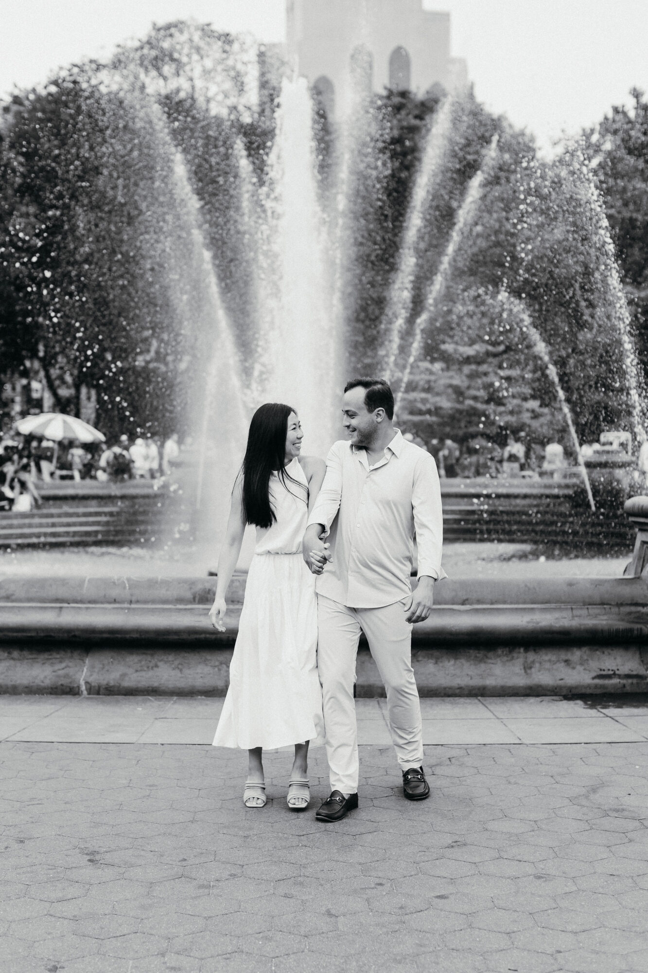 Washington square park, engagement photos, new york city streets, white dress, fountain