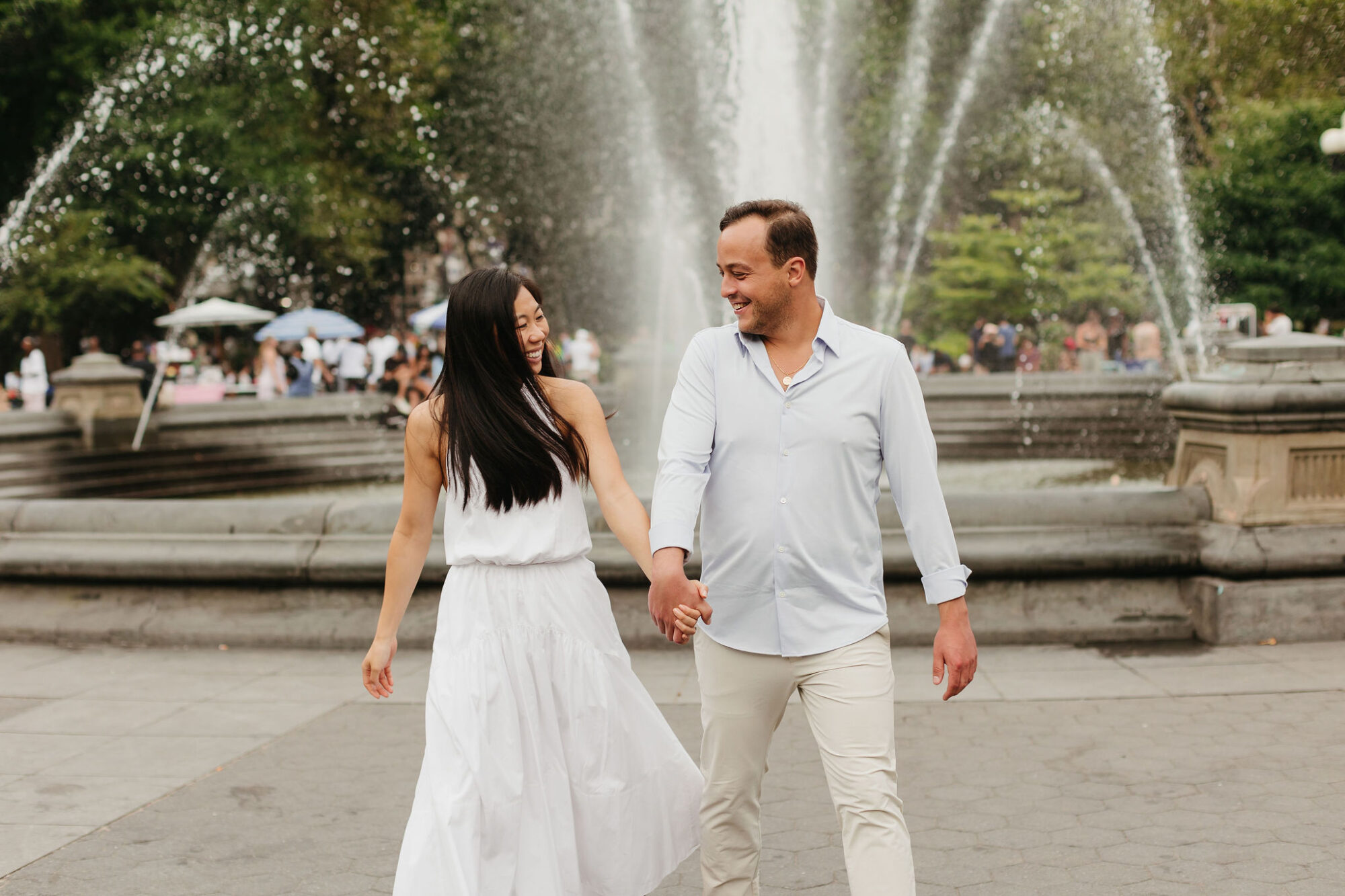 Washington square park, engagement photos, fountain, new york city streets, white dress