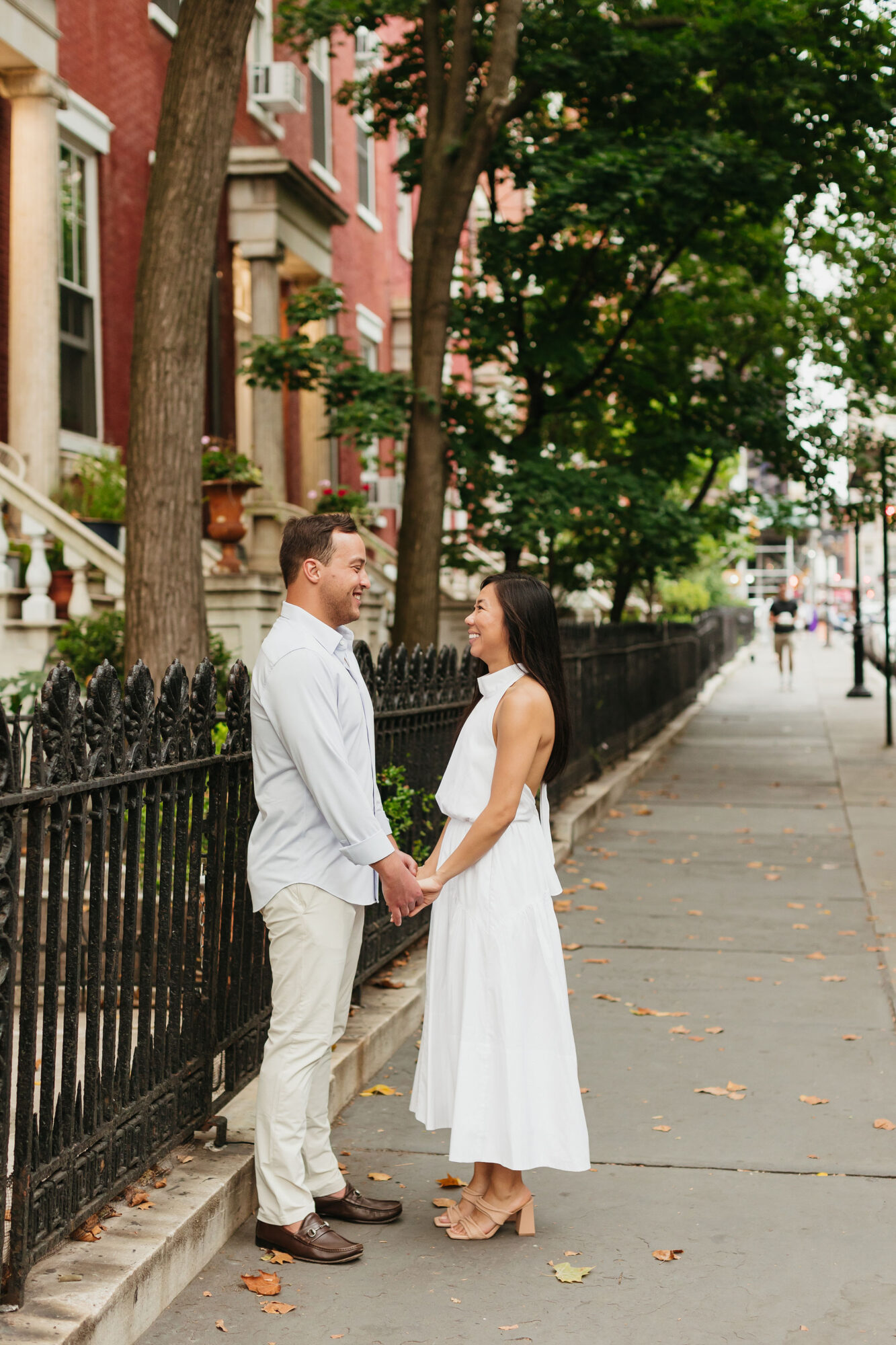 Washington square park, engagement photos, new york city streets, white dress
