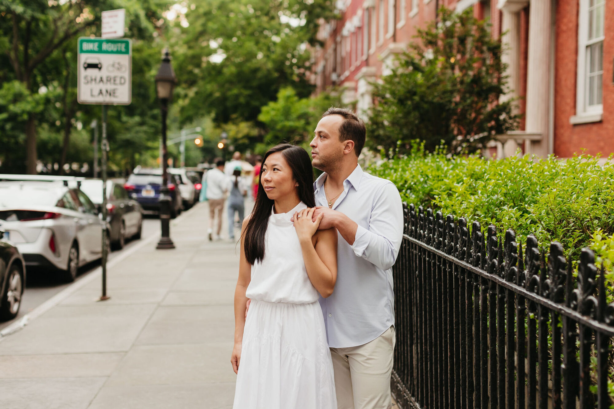 Washington square park, engagement photos, new york city streets, white dress