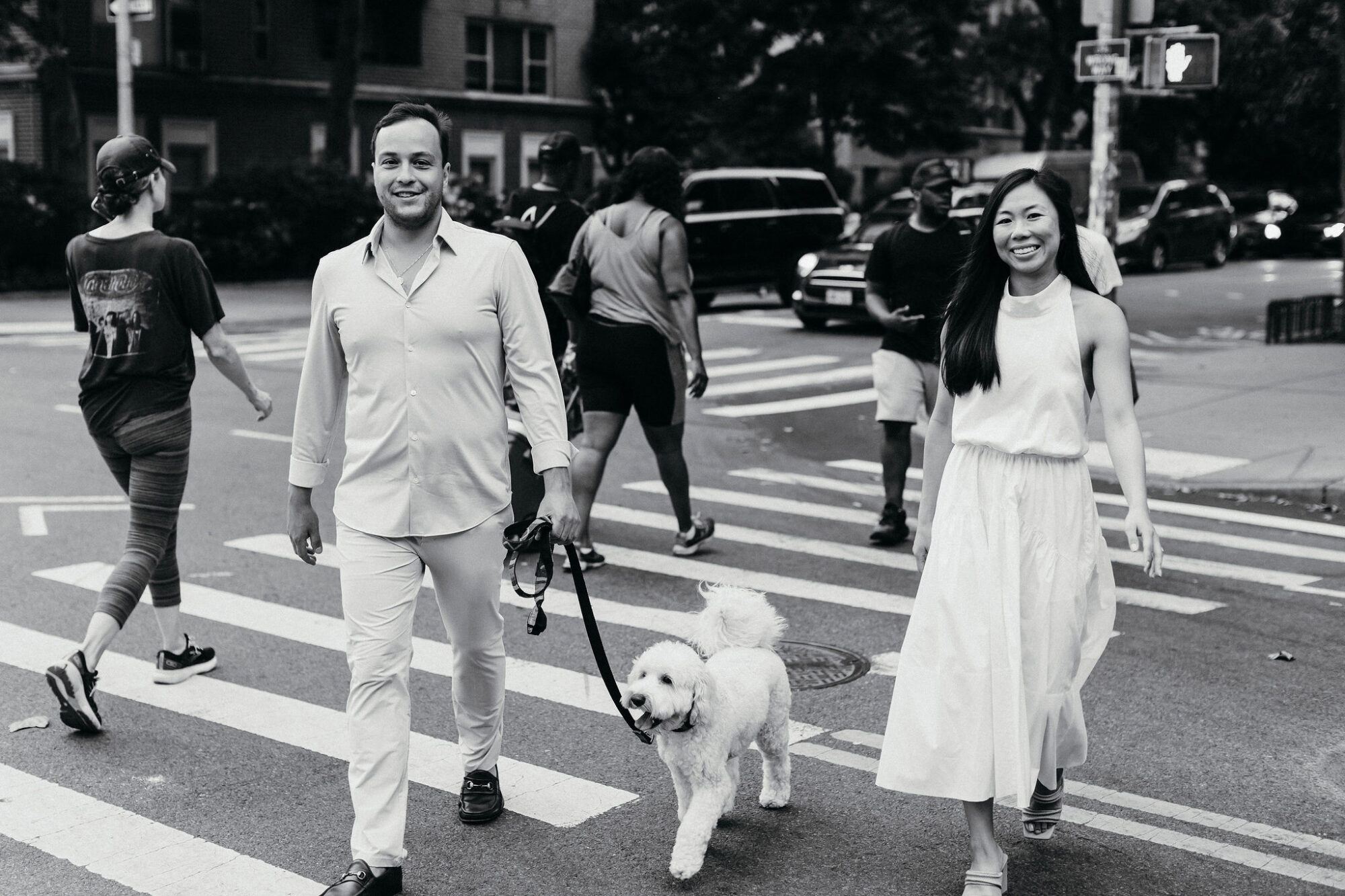 Washington square park, engagement photos, new york city streets, white dress, dog