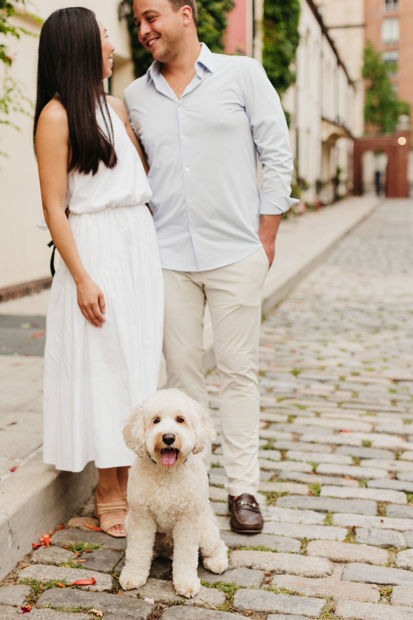 greenwich village, engagement photos, new york city streets, white dress, dog