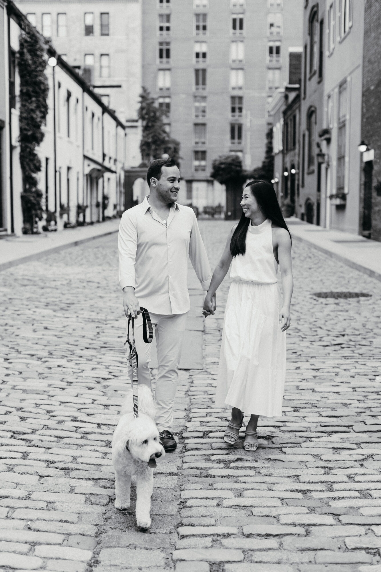 greenwich village, engagement photos, new york city streets, white dress, dog