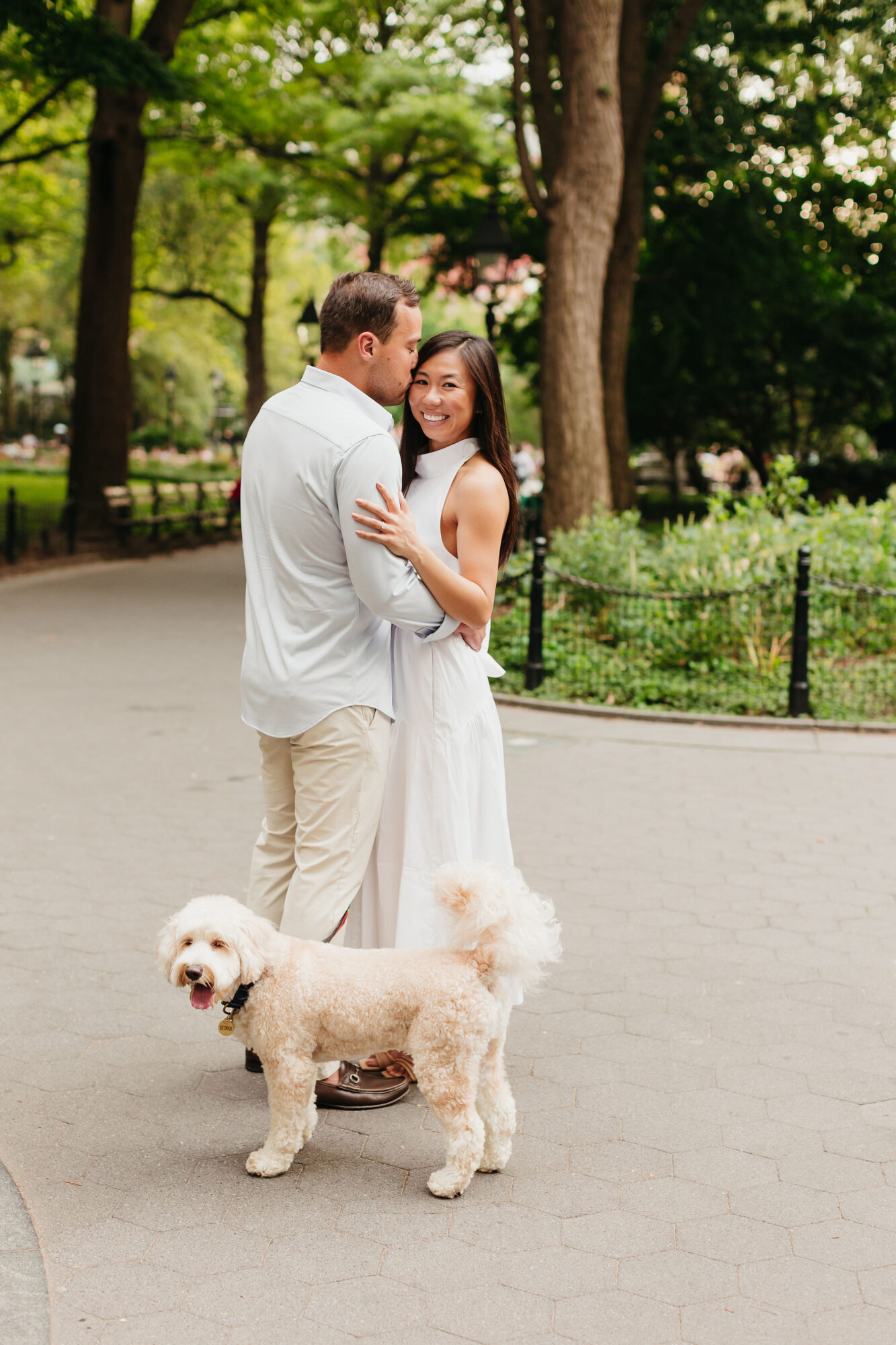 greenwich village, engagement photos, new york city streets, white dress, washington square park, dog